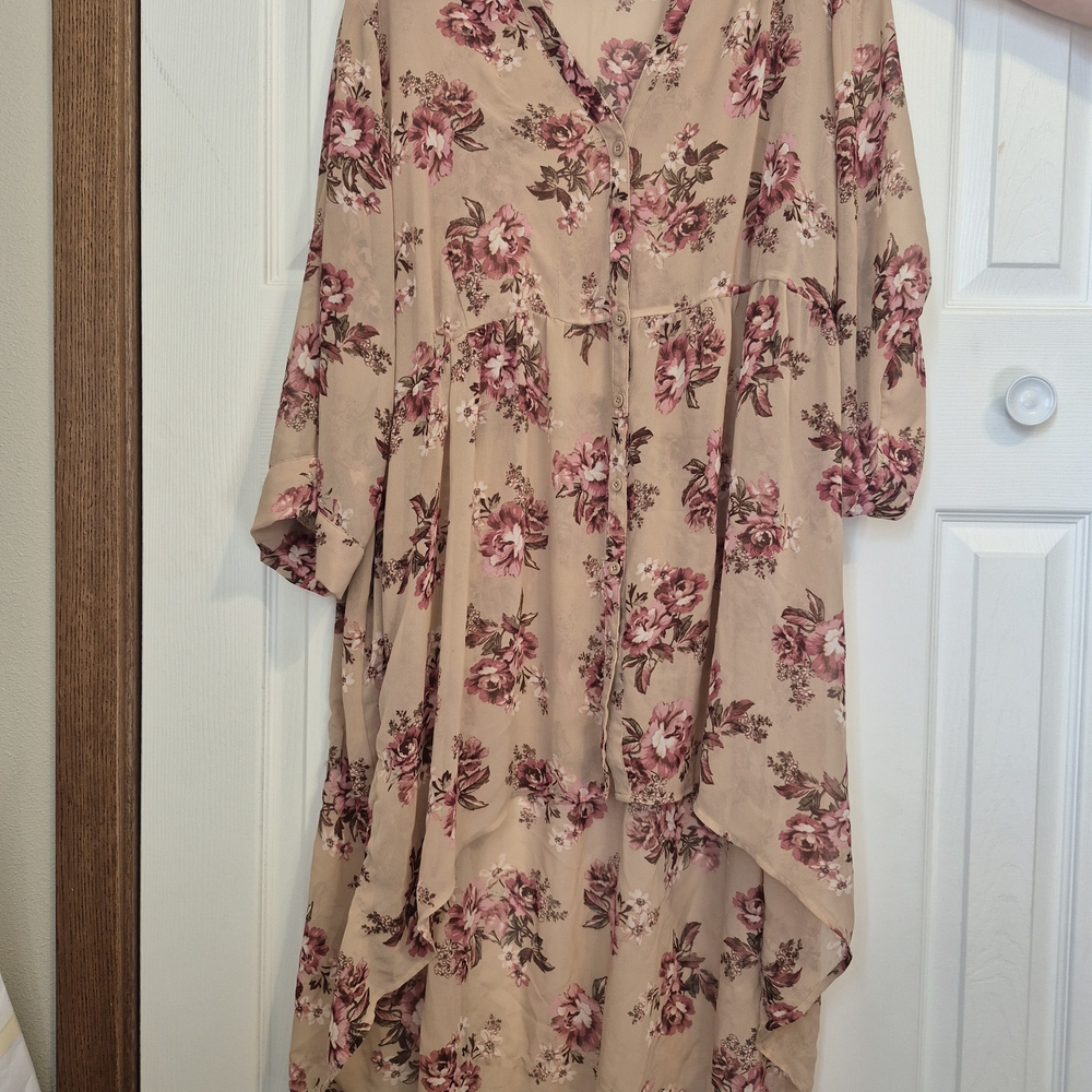 Torrid Cream and Pink High Low Sundress with Bishop Sleeves